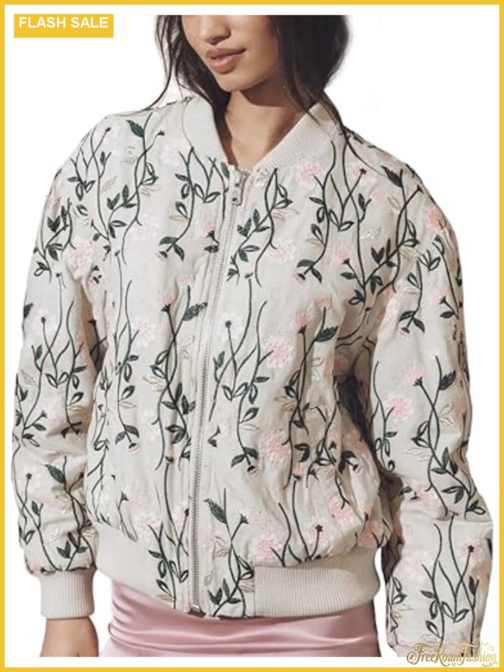 Embroidered Daisy Cropped Bomber Jacket Quilted Puffer Long Sleeve